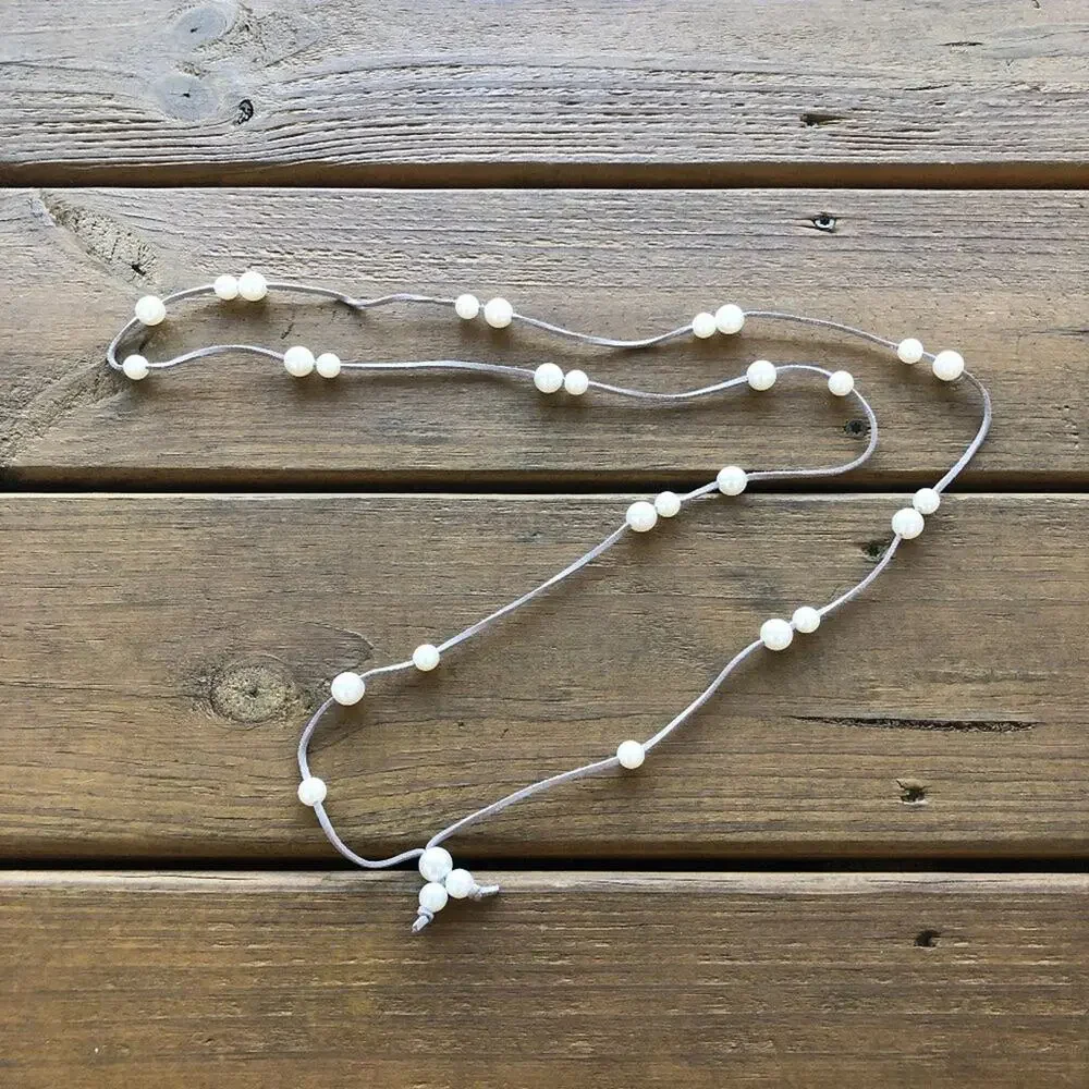 Grey Leather and Pearl Lariat Necklace Adjustable Leather Strap